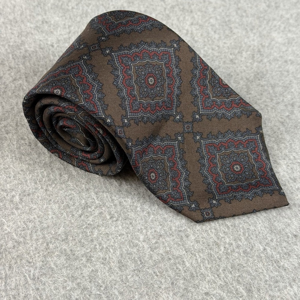 Vintage Ferrell Reed Traditions Silk Foulard Tie Brown Medallion 57x3.4"